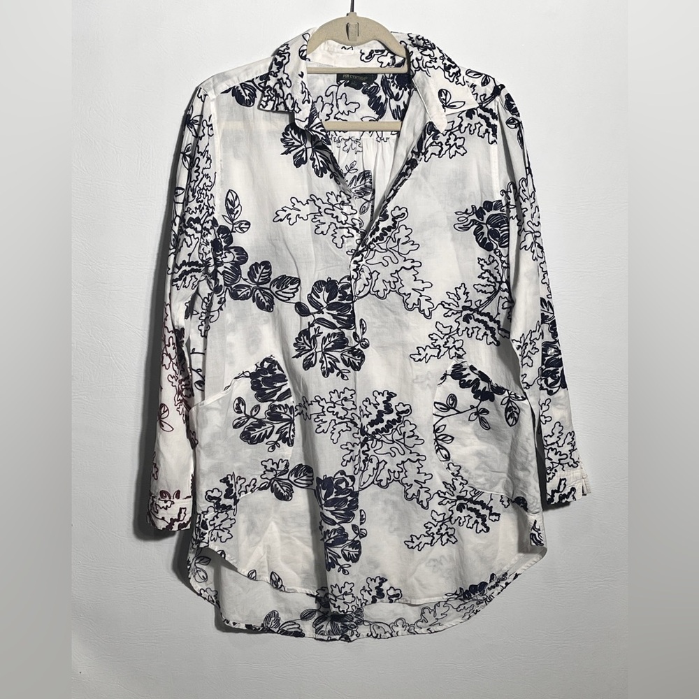 For Cynthia Blue and White Red Floral Embroidered Button Down Cotton Shirt Large